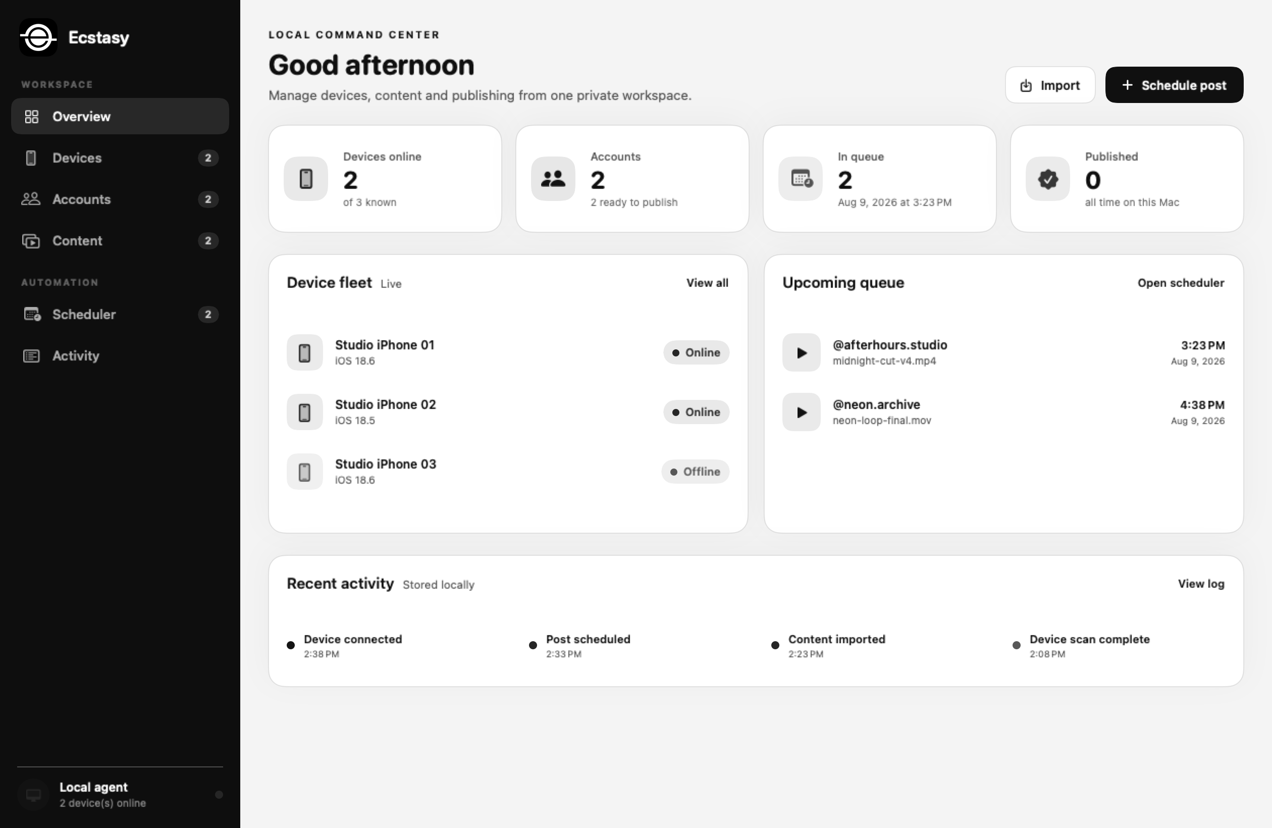 Ecstasy native macOS application dashboard